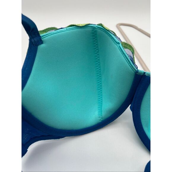 CACIQUE Intimates Bra Size 38DD Blue Green Push Up Embroidered Leaf w/ Underwire - Picture 4 of 10